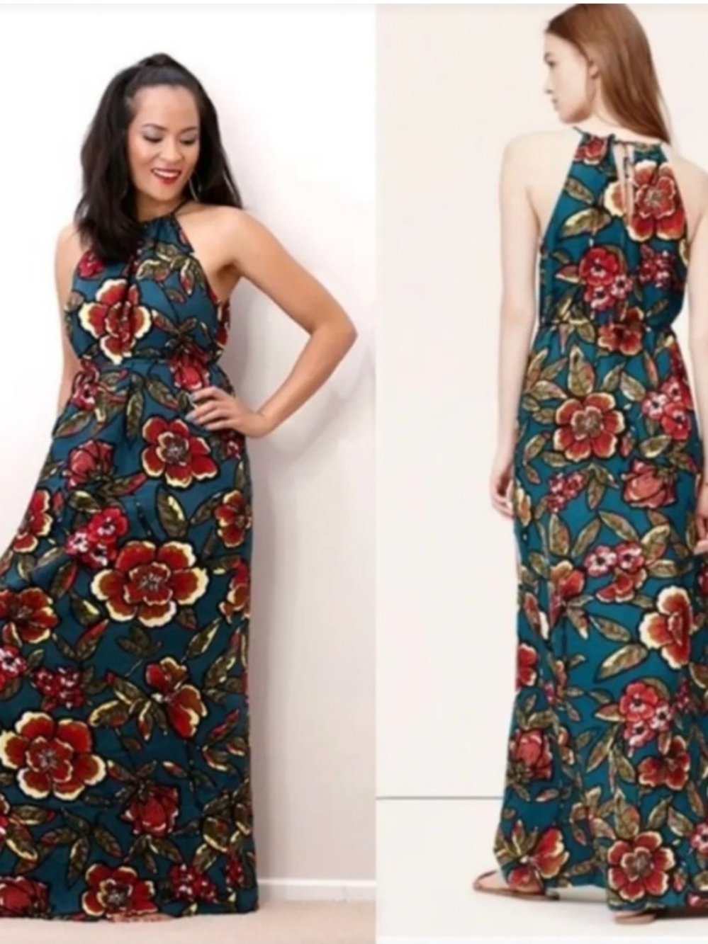 LOFT Paradise Floral Halter Linen Blend Maxi Dress Size MP
